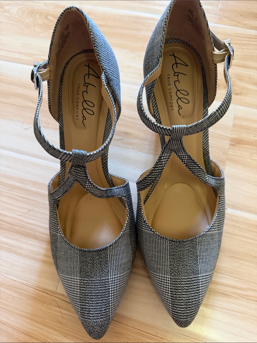 Abella Black and Gray Plaid T-Strap Pointed-Toe Heels